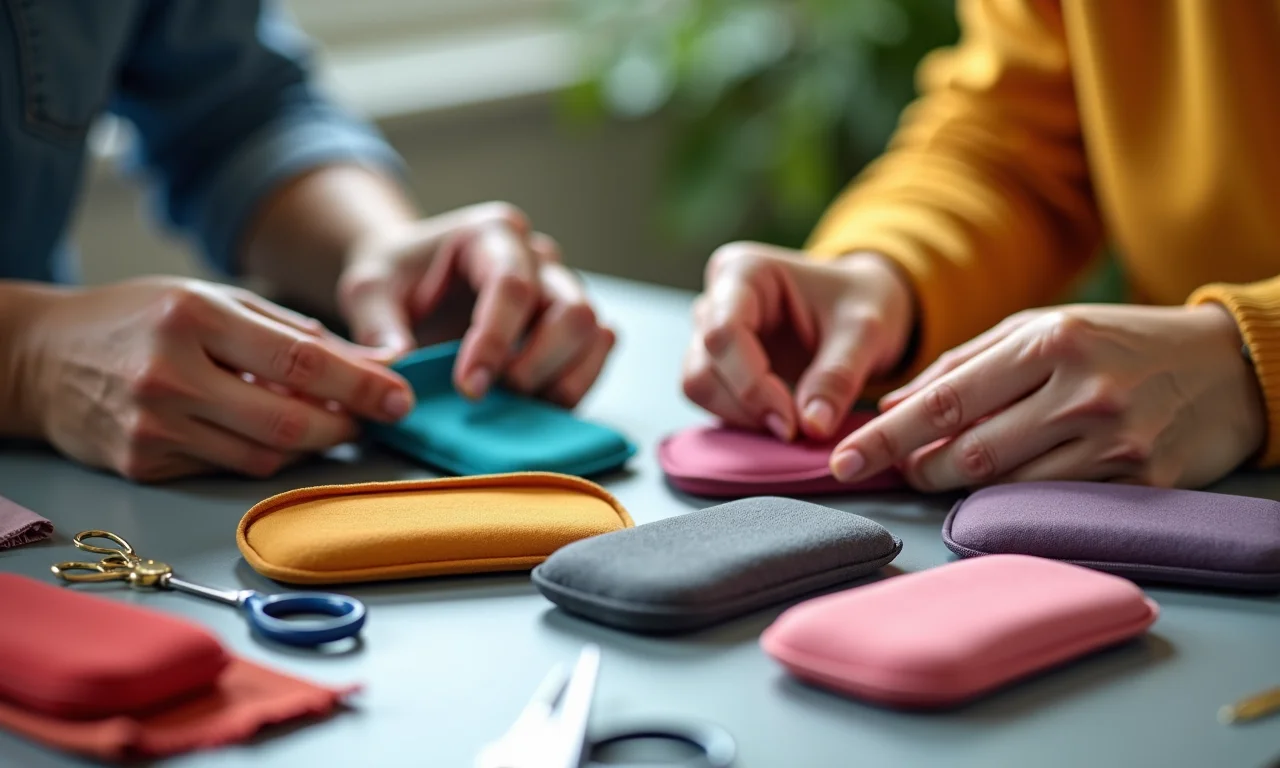Proteja Seus Óculos Com um Lindo Porta-Óculos Acolchoado Artesãs costurando porta-óculos acolchoados coloridos em mesa iluminada.