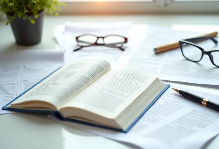 Artigo científico aberto sobre mesa de trabalho minimalista