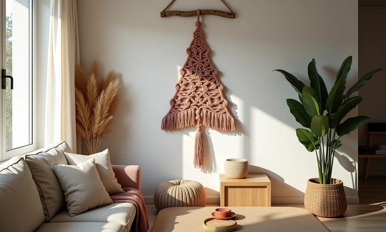 Árvore de Natal de parede em macramê em sala de estar boho.