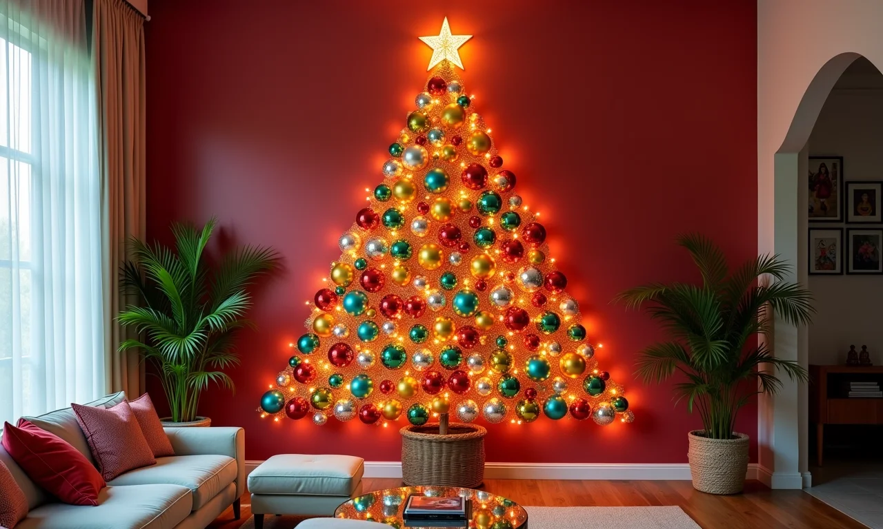 Árvore de Natal de parede feita com bolas coloridas em sala.