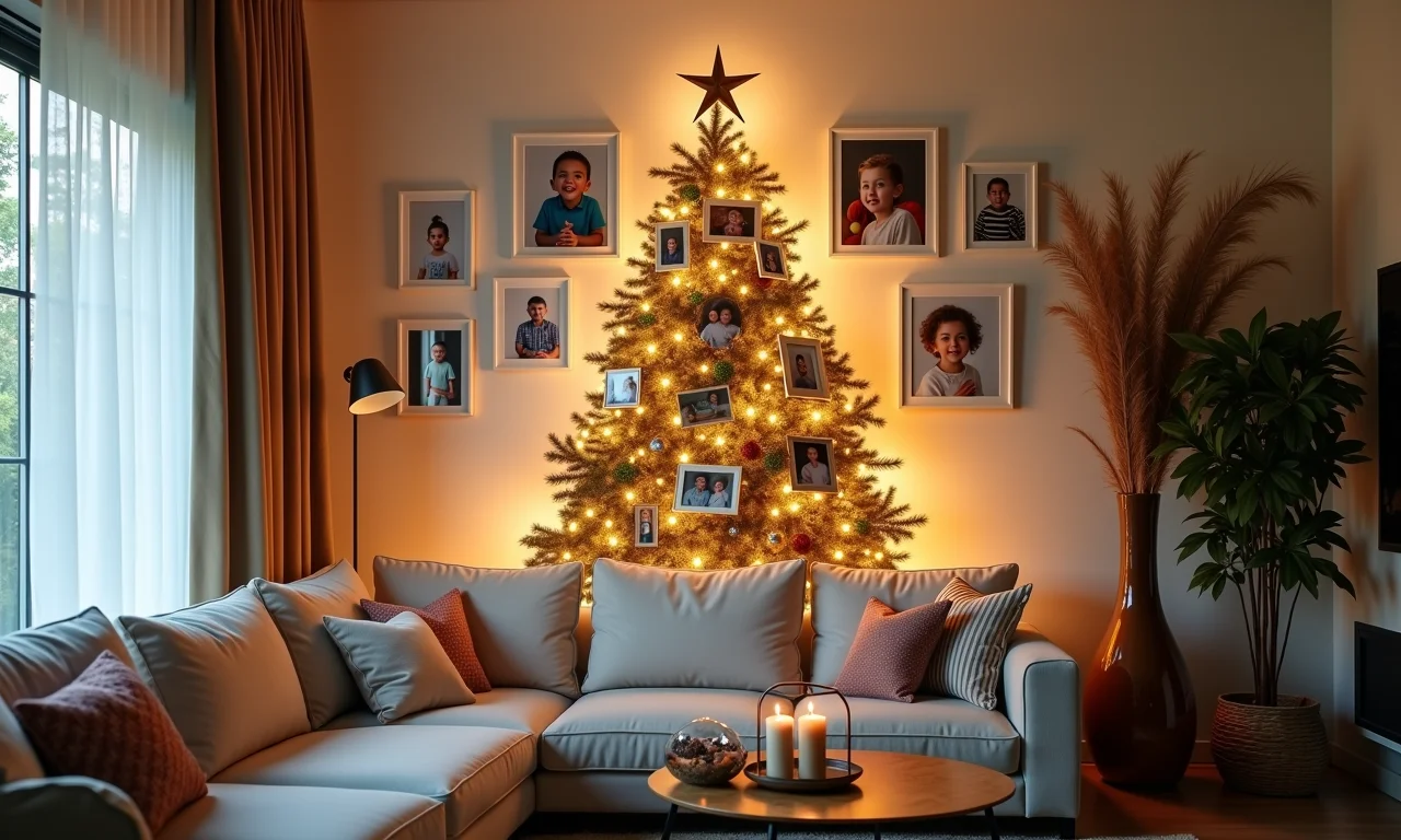 Árvore de Natal de parede feita com fotos em casa aconchegante.