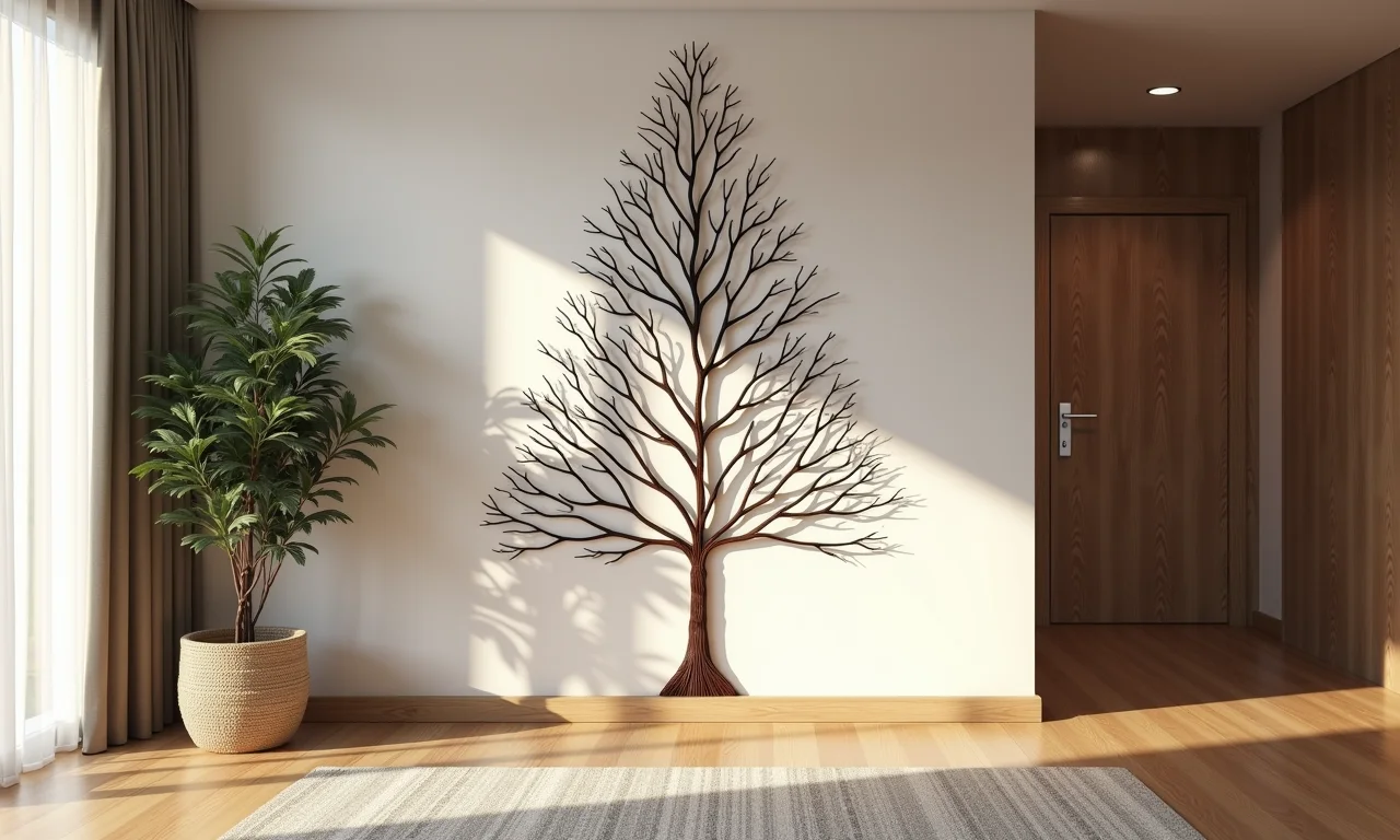 Árvore de Natal de parede feita com galhos em apartamento moderno.