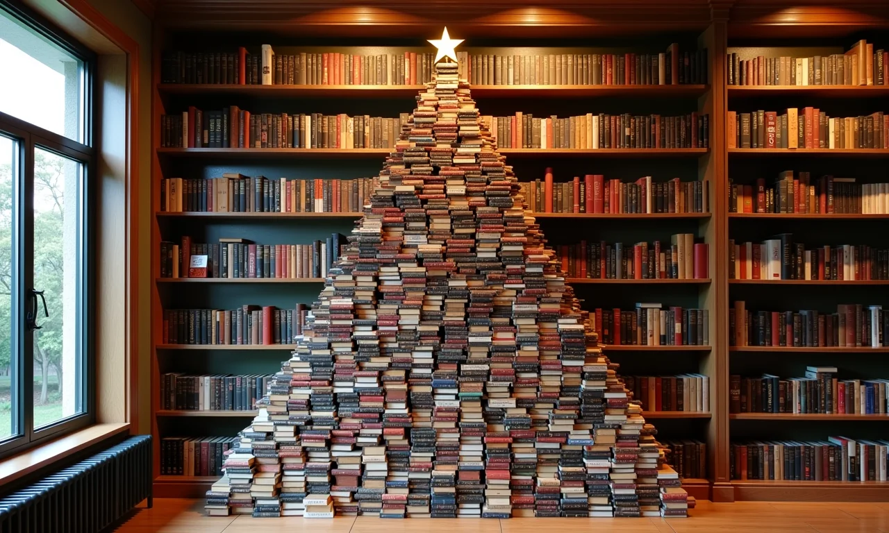 Árvore de Natal de parede feita com livros em biblioteca.