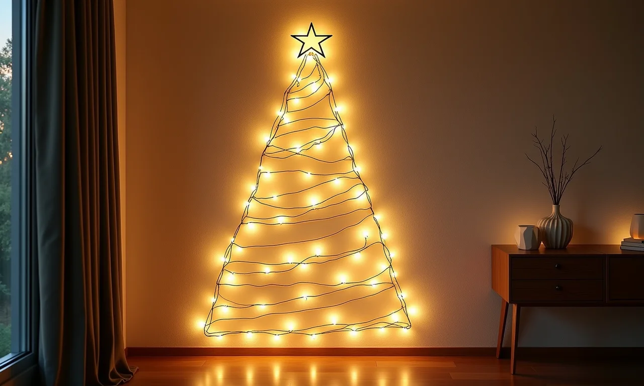 Árvore de Natal de parede feita com luzes em parede texturizada.