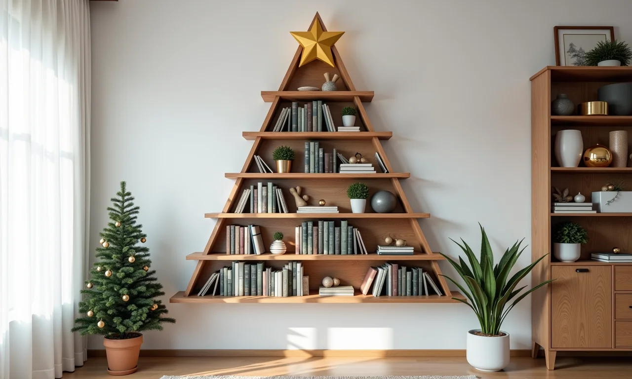 Árvore de Natal de parede feita com prateleiras em estúdio.