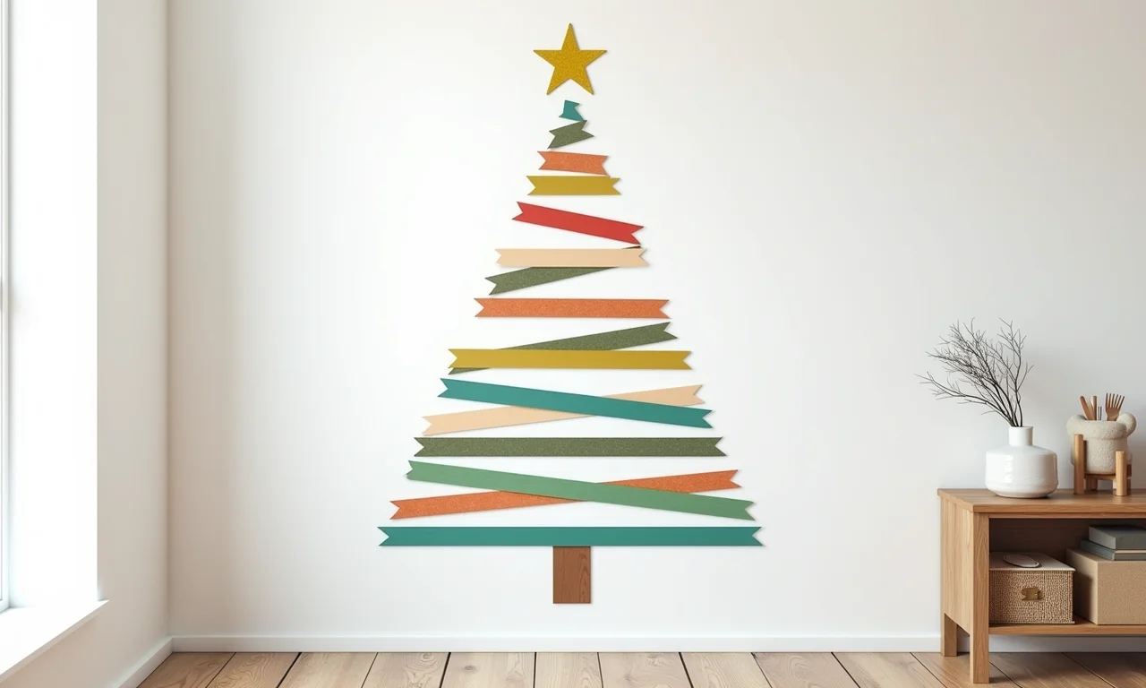 Árvore de Natal de parede feita com washi tape em parede branca.