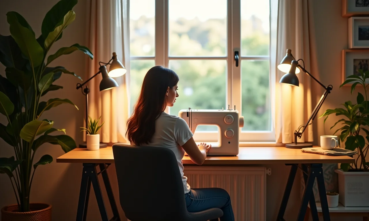 Ateliê de costura com iluminação natural e artificial adequada.