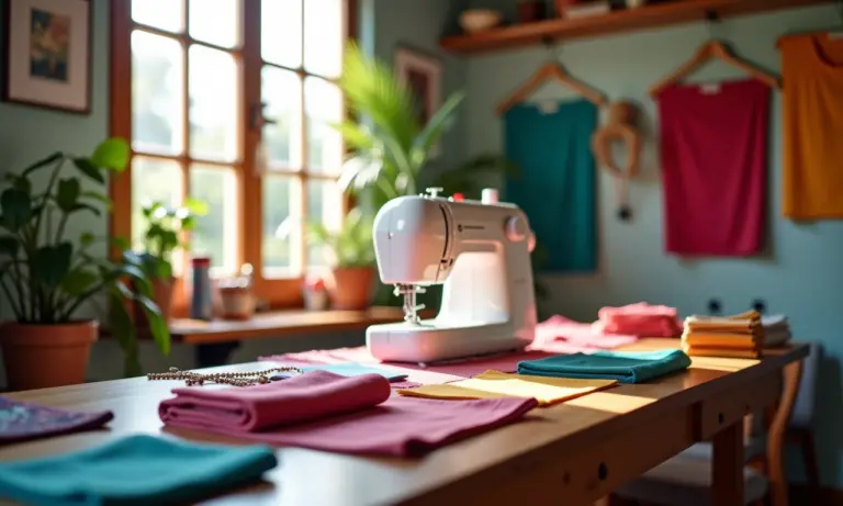 Ateliê de costura pequeno e organizado, com tecidos coloridos e máquina de costura.