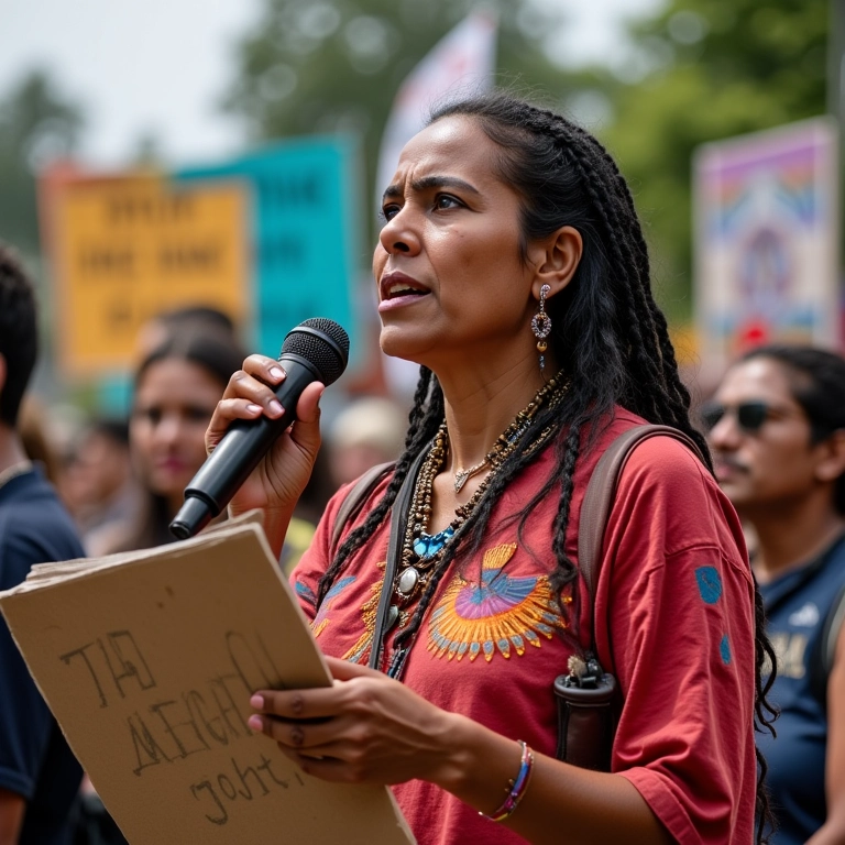 Ativista indígena brasileira discursando em defesa dos direitos indígenas.