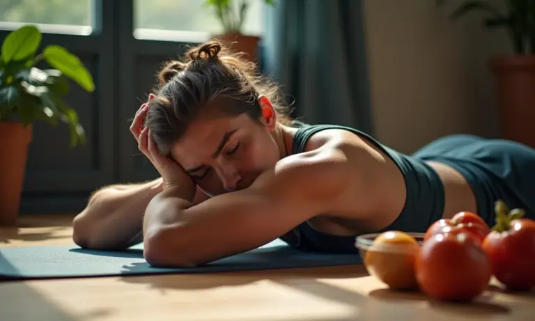 Atleta exausto se recuperando com dieta balanceada após treino intenso.