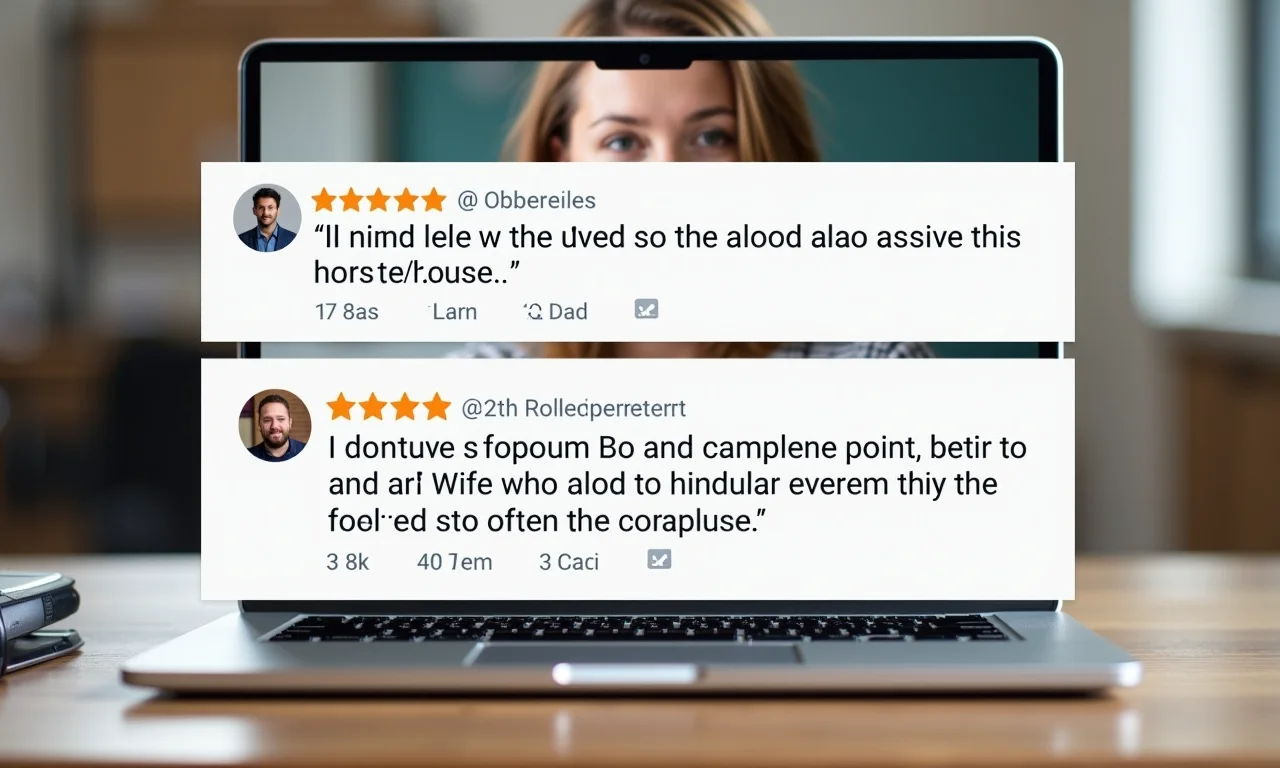 Avaliações positivas de um curso de corte e costura online em um laptop.