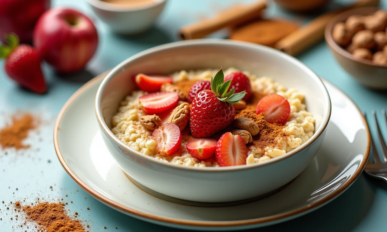 Aveia com canela, frutas e castanhas em mesa de café da manhã.