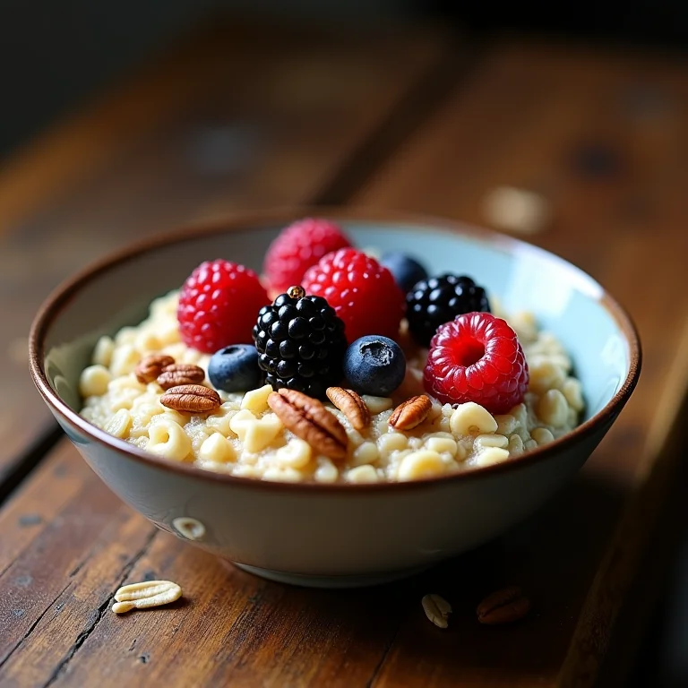 Aveia com frutas vermelhas e nozes.