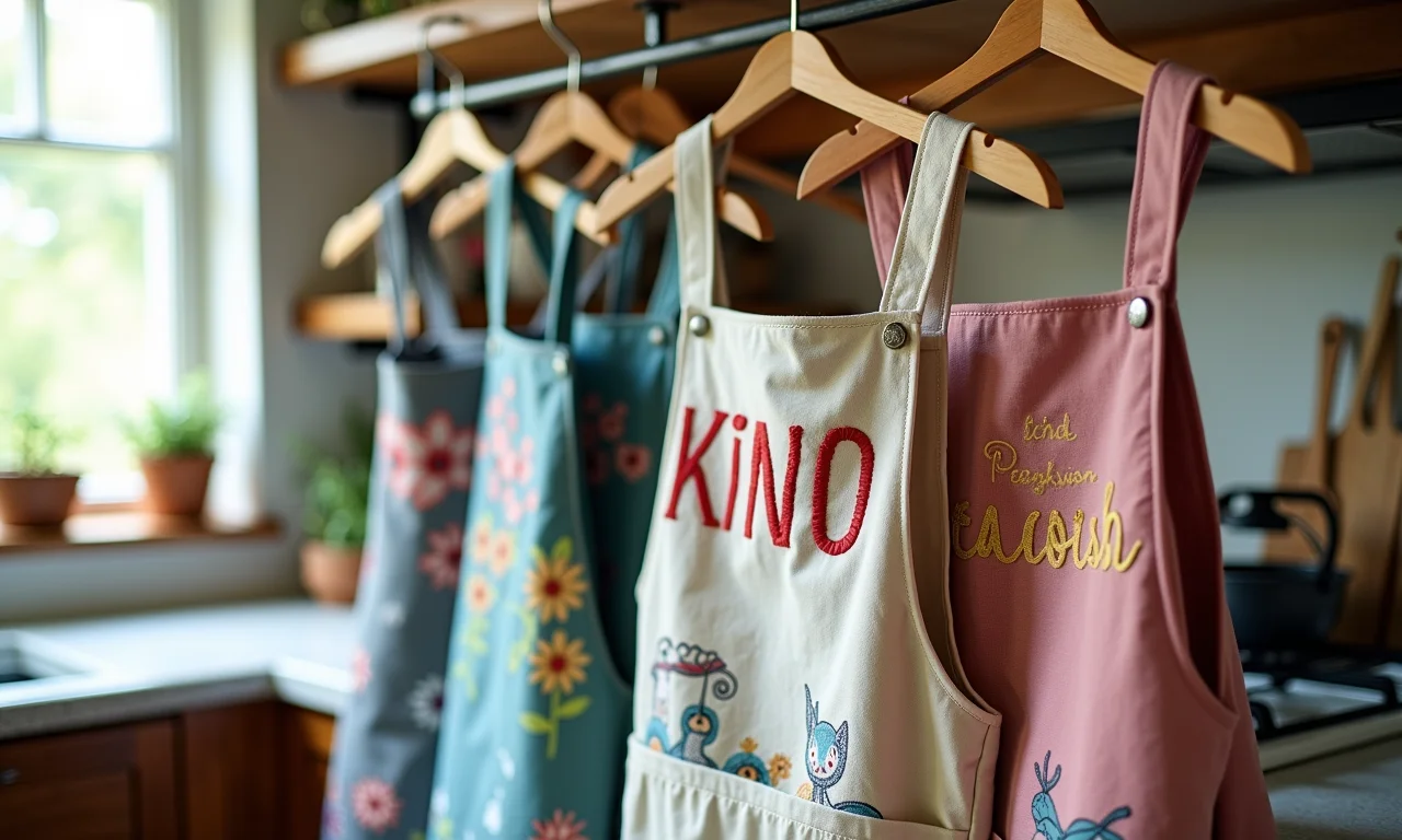 Aventais de cozinha personalizados com bordados e designs únicos.
