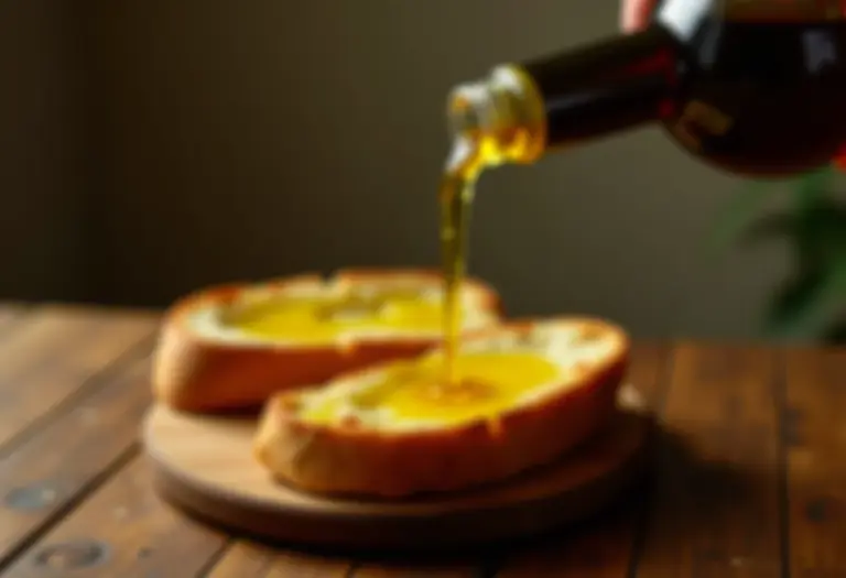 Azeite de oliva extra virgem sendo derramado sobre pão rústico