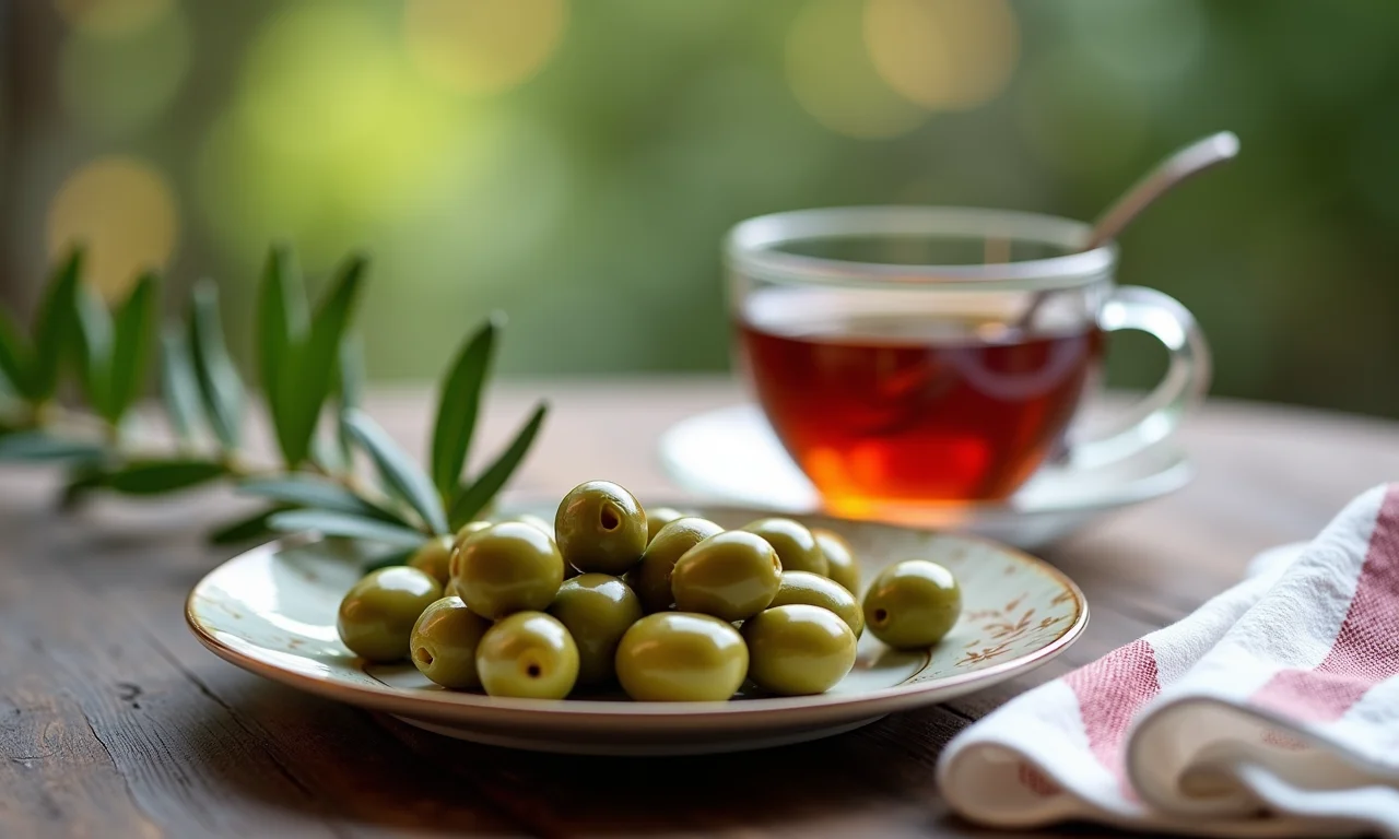 Azeitonas e chá de ervas em uma mesa estilo Farm Rio.