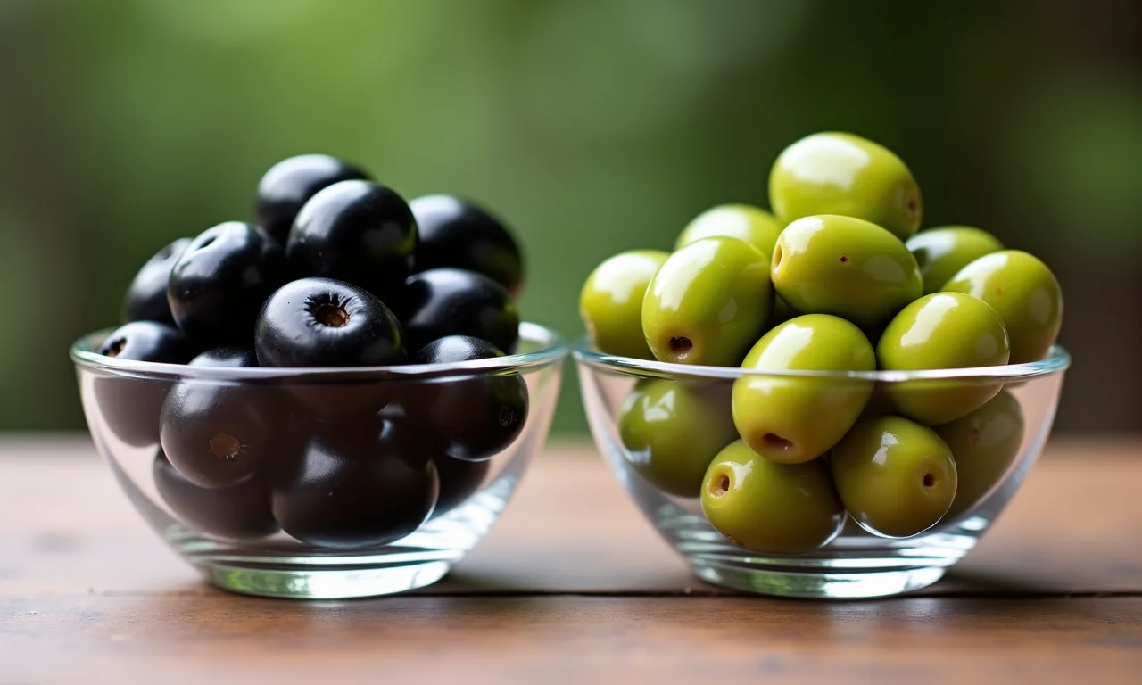 Azeitonas pretas e azeitonas verdes em tigelas de vidro.