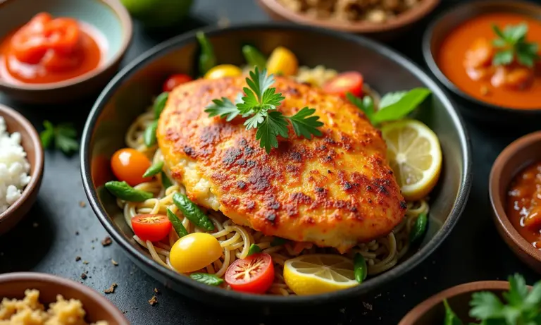 Bacalhau assado com acompanhamentos coloridos.