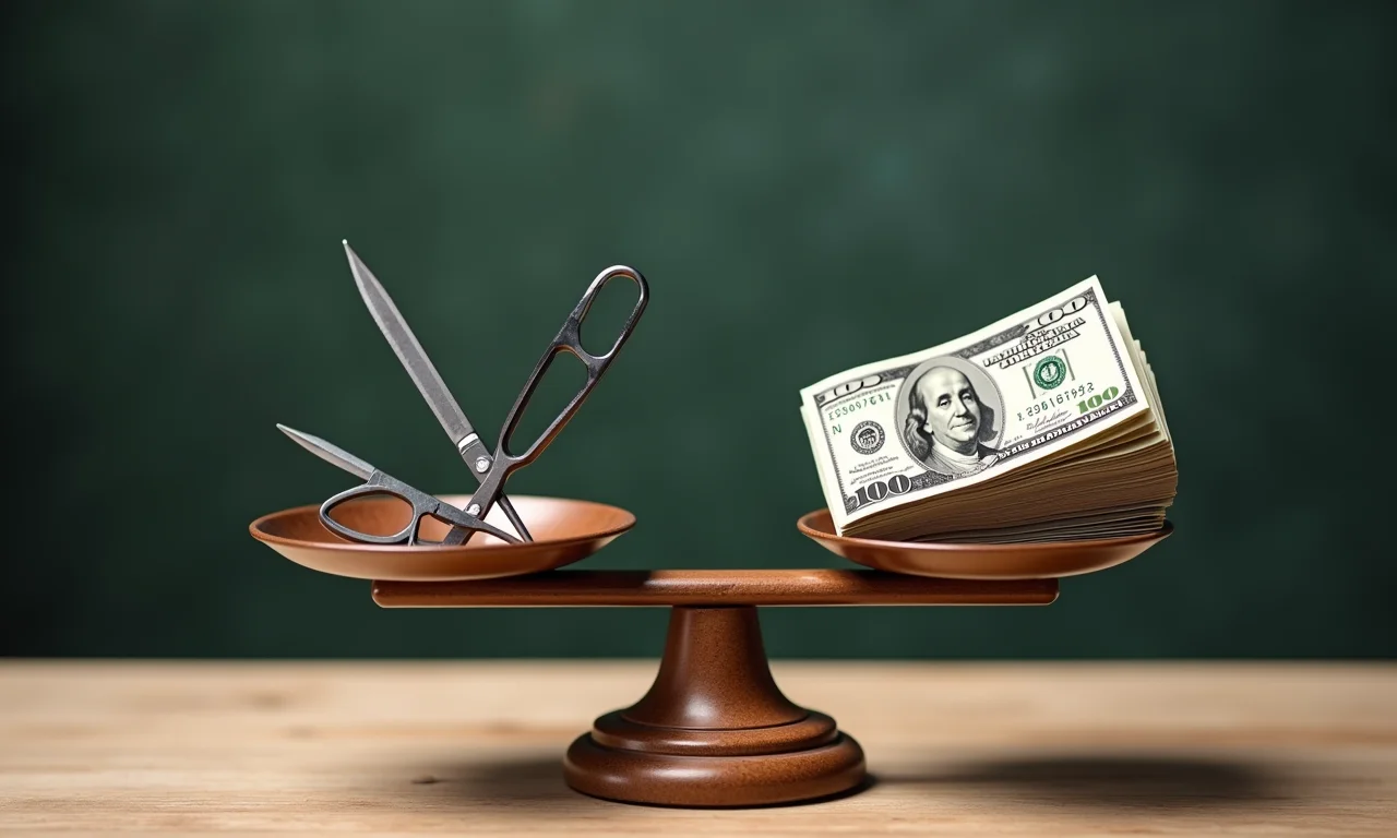 Balança equilibrando ferramentas de costura e dinheiro, representando custo-benefício.