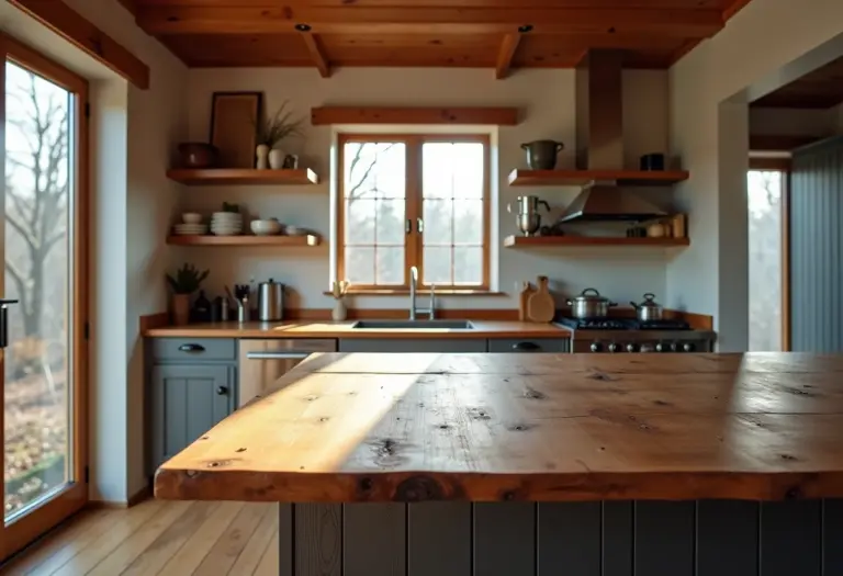 Bancada de madeira de demolição em cozinha rústica