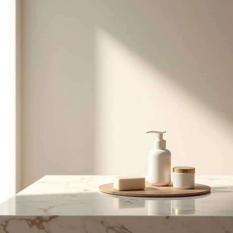 Bancada de mármore travertino com produtos de higiene.