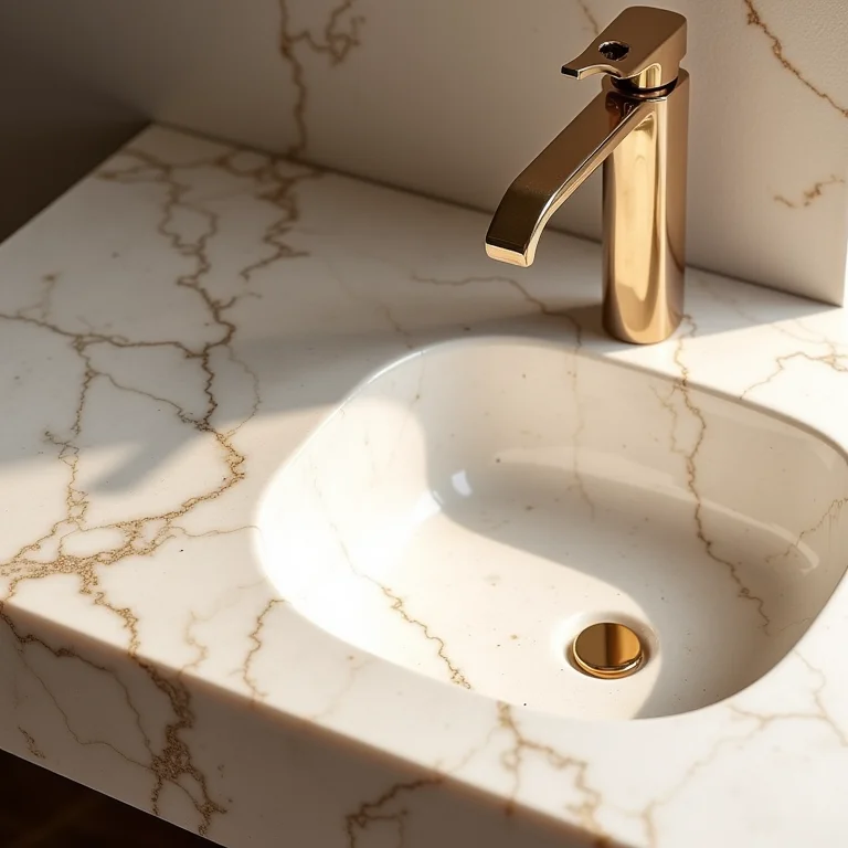 Bancada de mármore travertino em banheiro rústico, elegância e funcionalidade