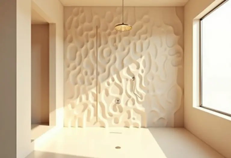 Banheiro bege com revestimento 3D na parede do chuveiro.