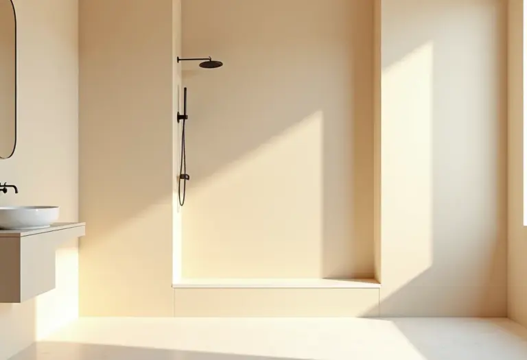 Banheiro bege com revestimento 3D na parede do chuveiro.