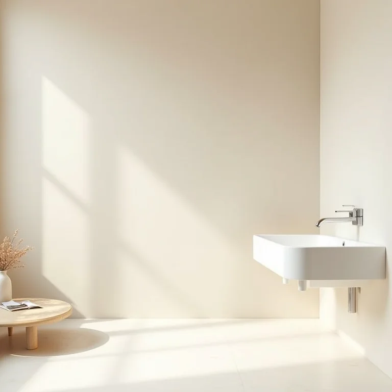 Banheiro com cores claras criando um ambiente clean e aconchegante.