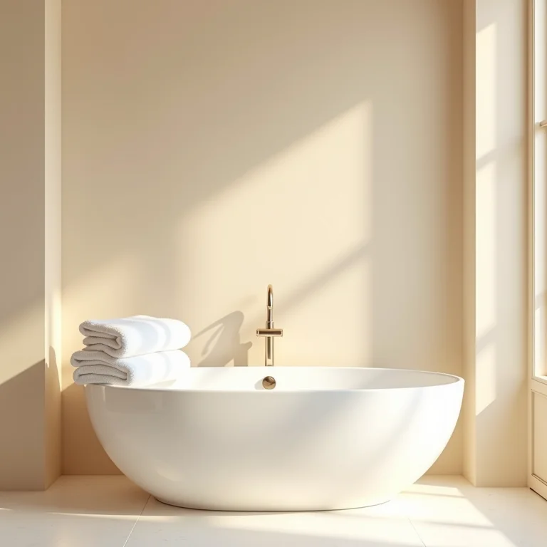 Banheiro com cores claras e iluminação suave