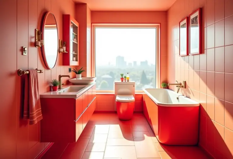 Banheiro com decoração inspirada nos ônibus de Londres.