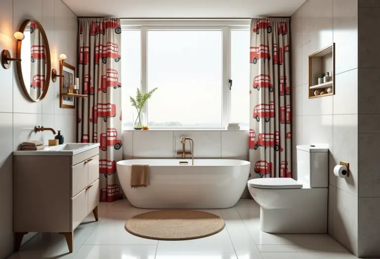 Banheiro com decoração inspirada nos ônibus de Londres, com azulejos retrô e acessórios temáticos.