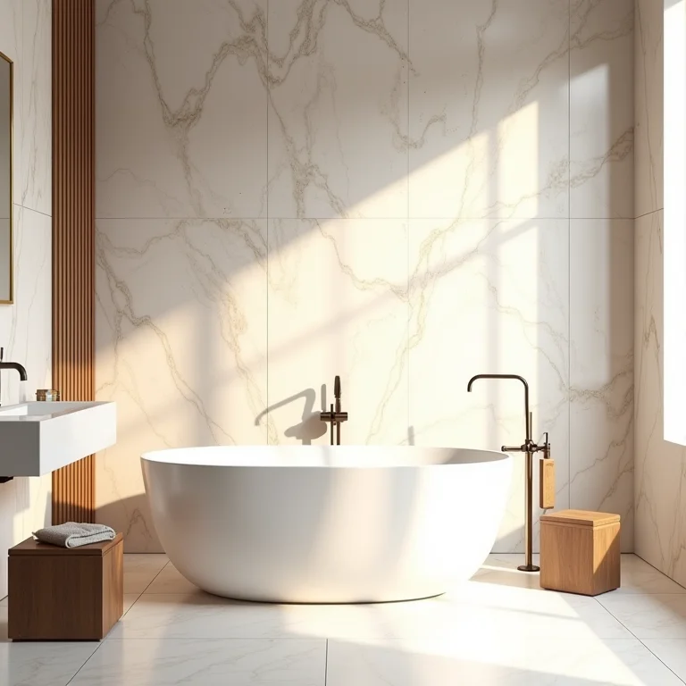 Banheiro com paredes de mármore travertino e detalhes em madeira e metal.