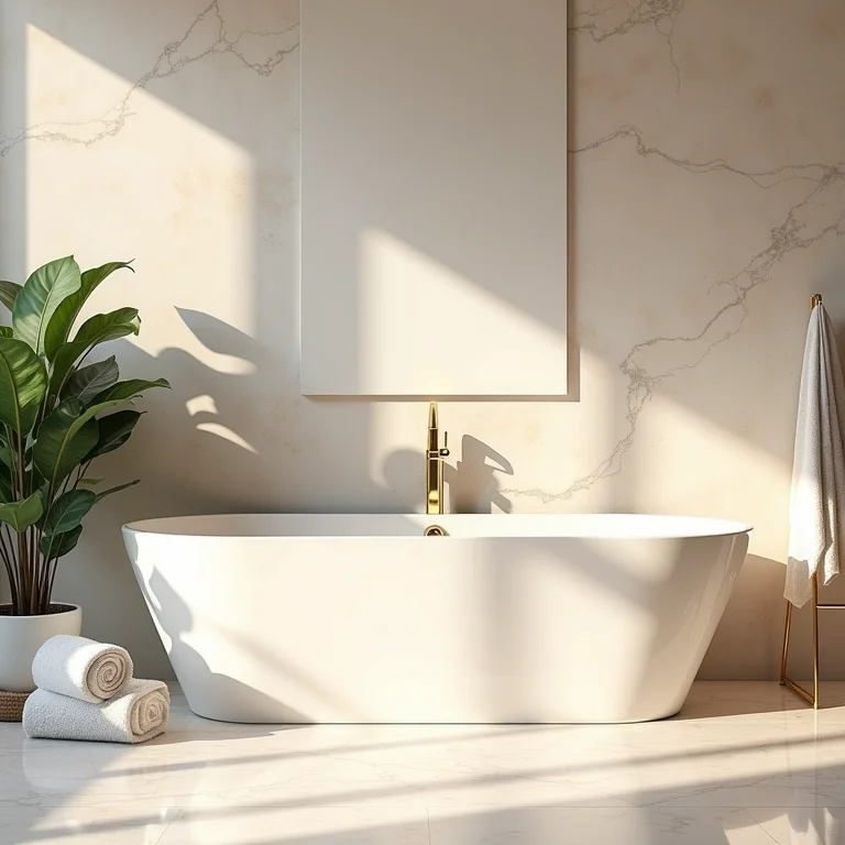 Banheiro com piso de mármore travertino, toalhas macias e planta.