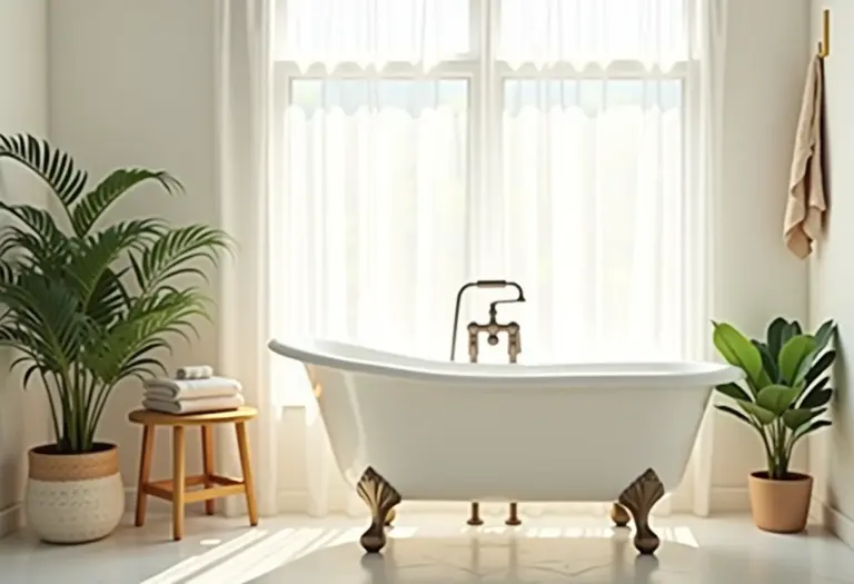 Banheiro grande e simples com decoração minimalista e iluminação natural