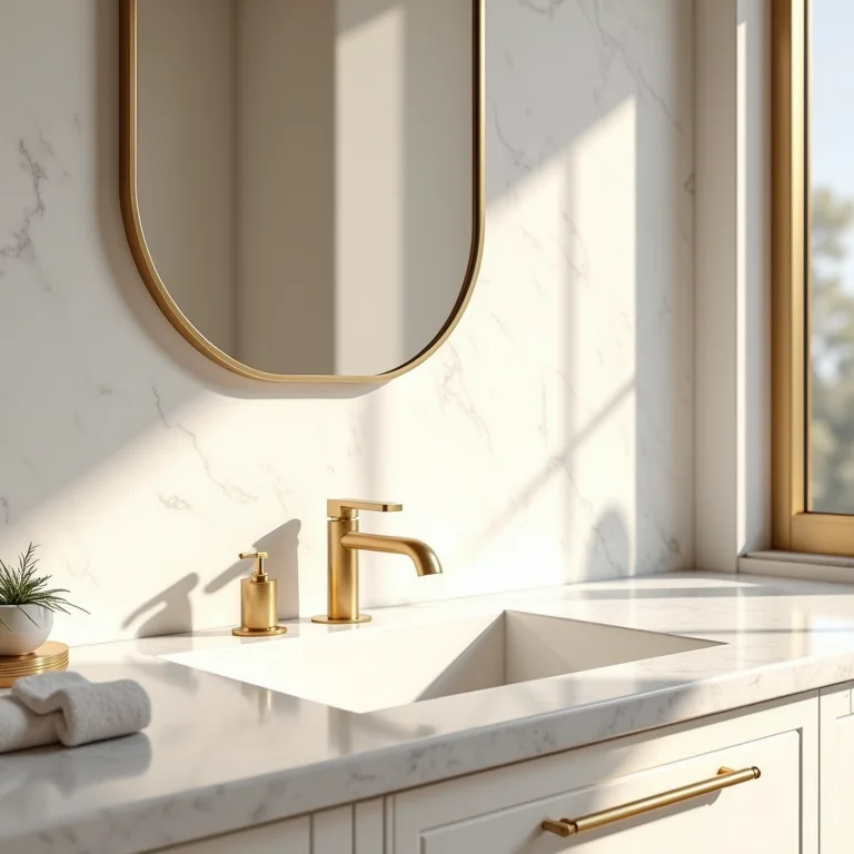 Banheiro luxuoso com bancada de mármore e detalhes em dourado