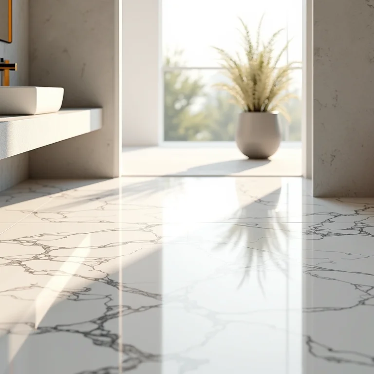 Banheiro luxuoso com piso de porcelanato Calacata polido