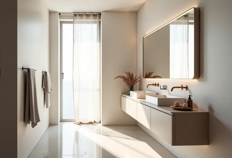 Banheiro moderno com armário aéreo otimizando o espaço