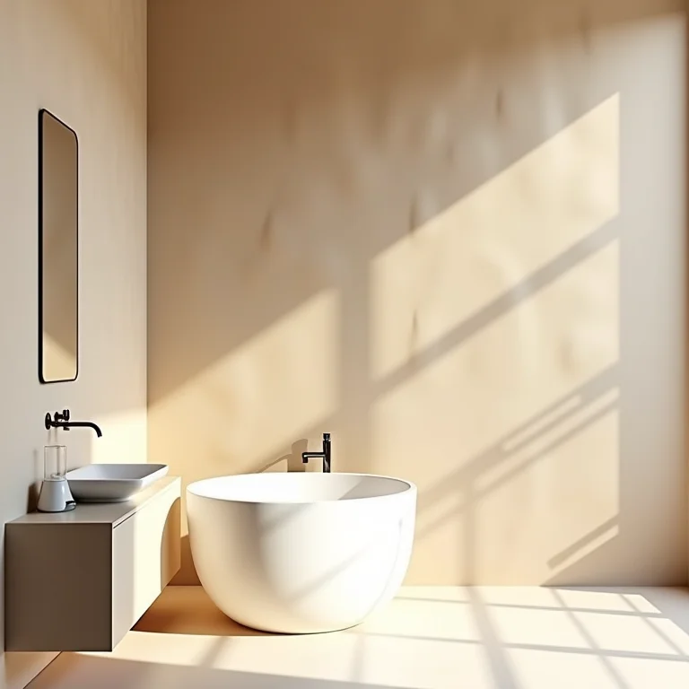 Banheiro moderno com revestimento 3D e decoração clean.