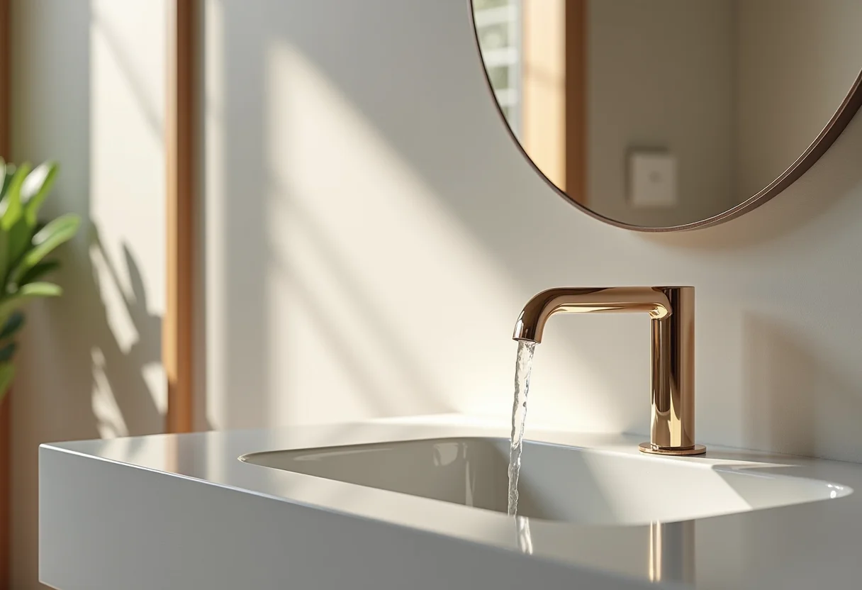 Torneira cascata: o toque de luxo que seu banheiro merece Banheiro moderno com torneira cascata luxuosa