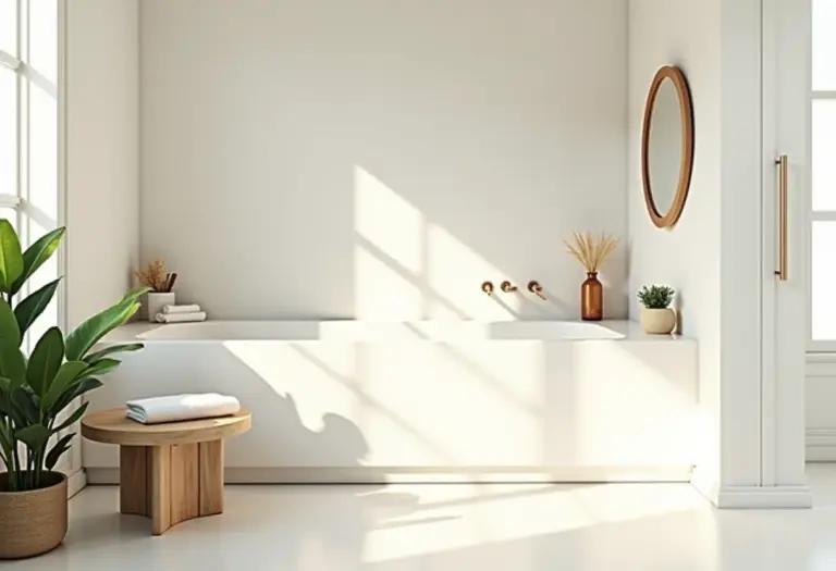 Banheiro pequeno em formato de L decorado com estilo minimalista.