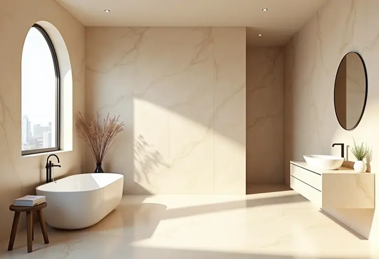 Banheiro rústico com mármore travertino.