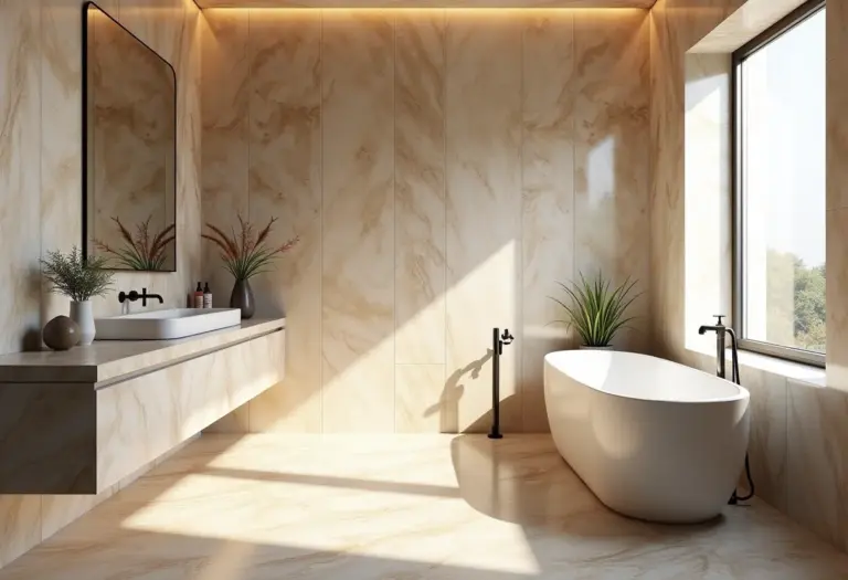 Banheiro rústico com mármore travertino, combinação elegante e natural