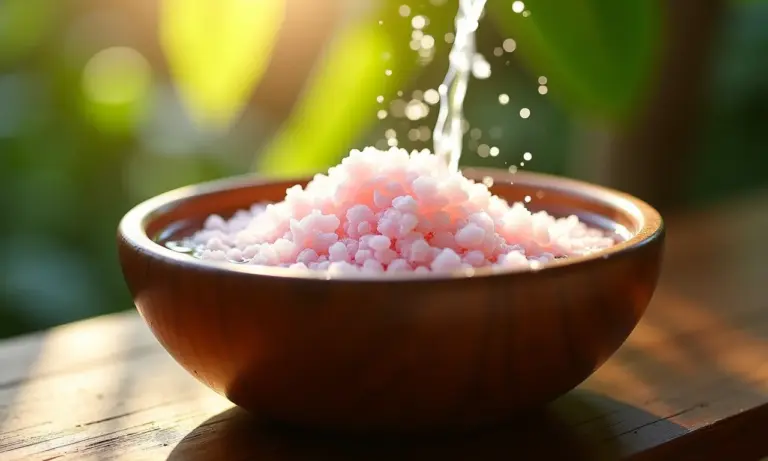Banho de sal grosso em um recipiente de madeira com luz suave.