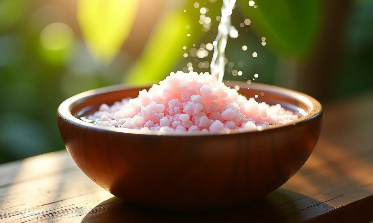 Como Fazer Um Banho de Sal Grosso Para Limpeza Energética Banho de sal grosso em um recipiente de madeira com luz suave.