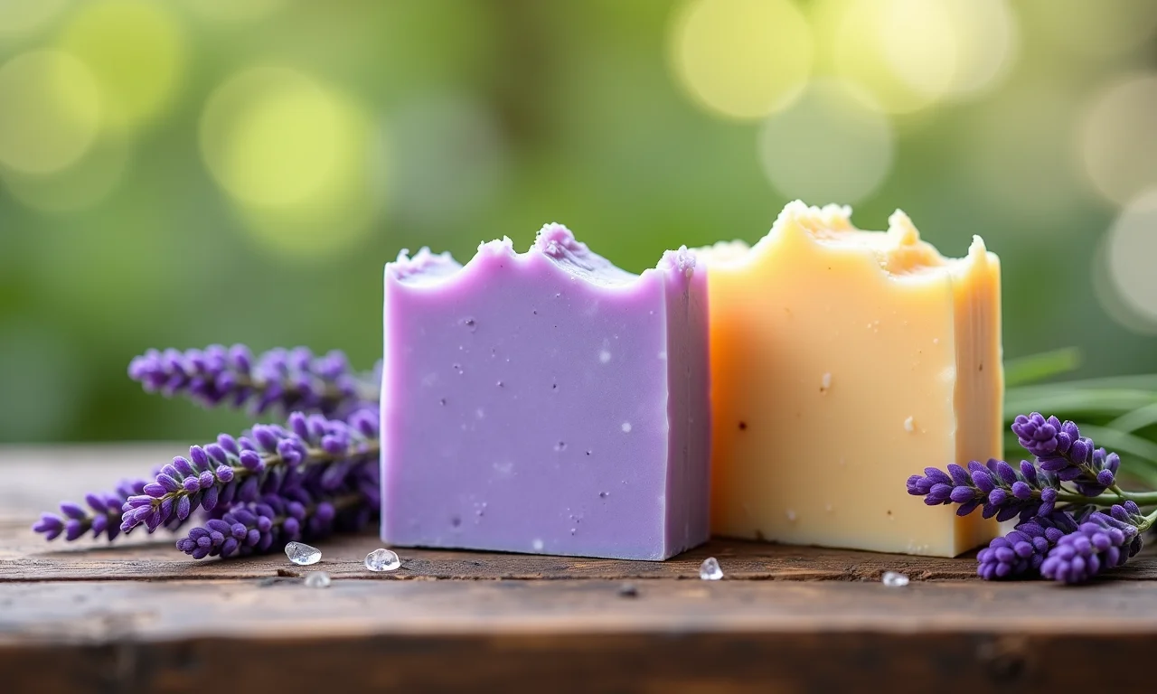 Barras de sabonete de lavanda e camomila em mesa rústica.
