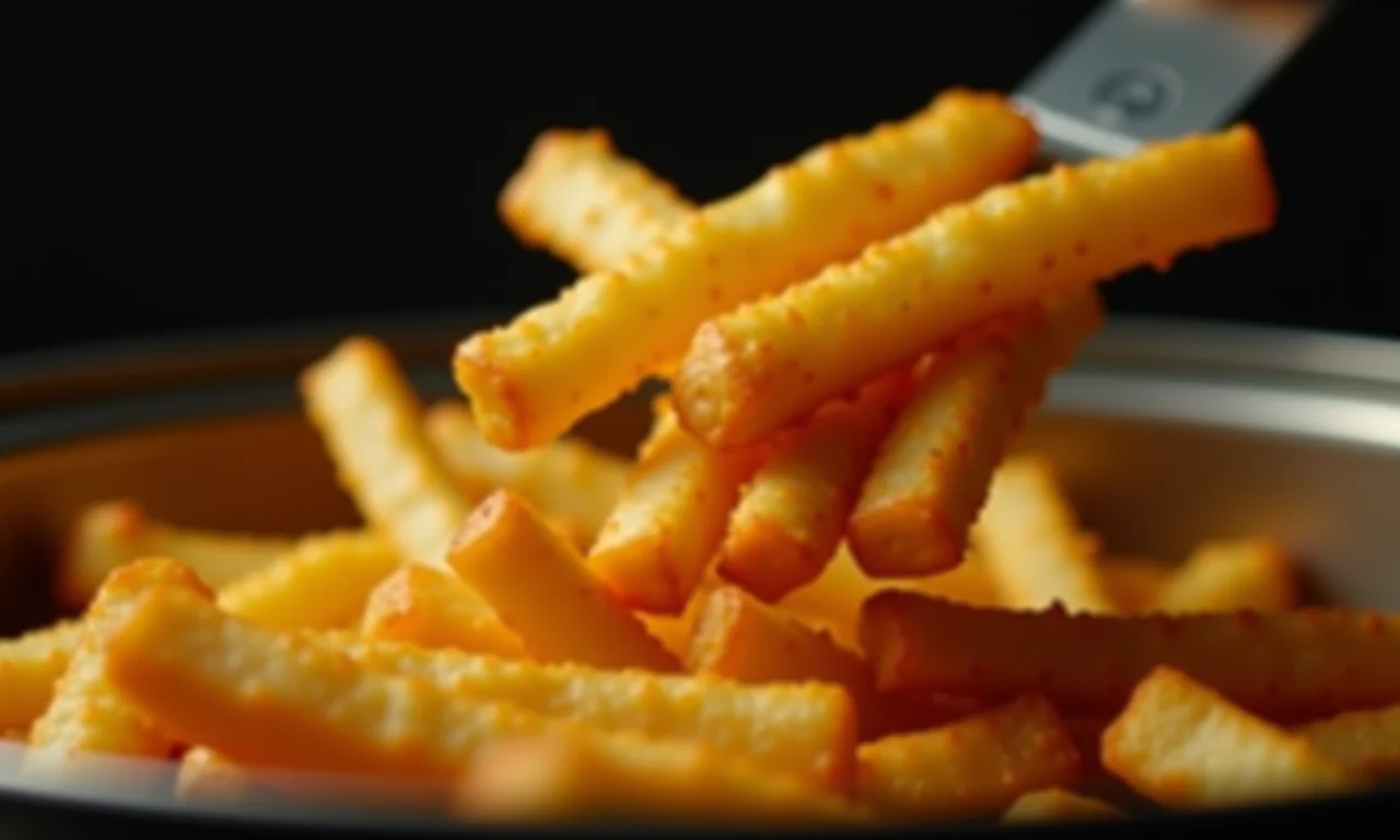 Batatas fritas sendo retiradas de uma fritadeira, close-up.