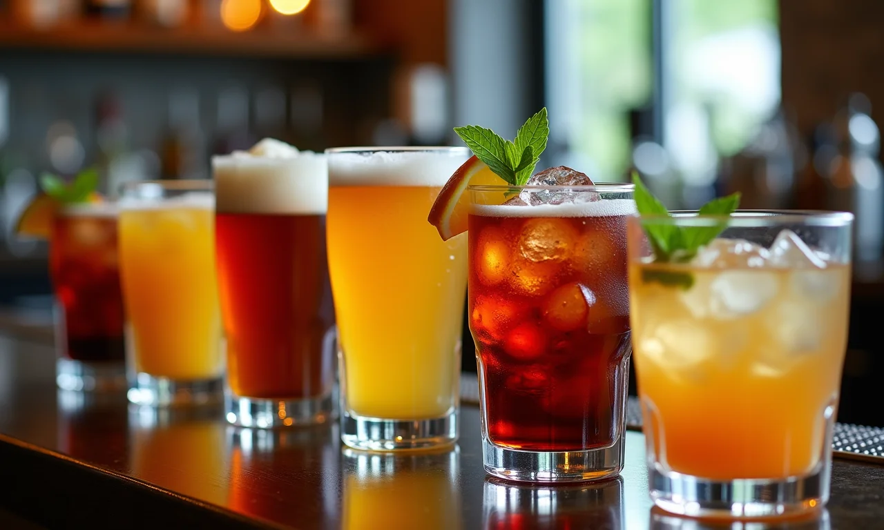 Bebidas alcoólicas variadas em um balcão de bar.