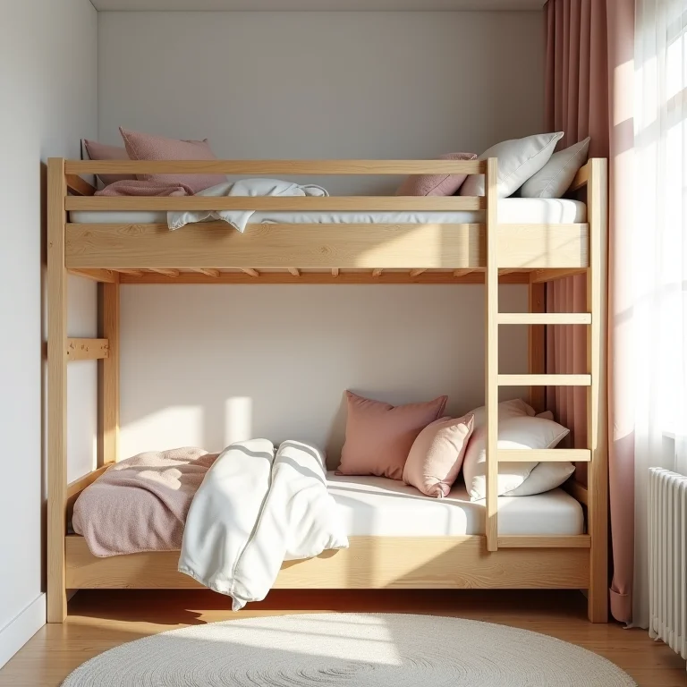 Beliche de madeira clara otimizando espaço vertical em quarto infantil