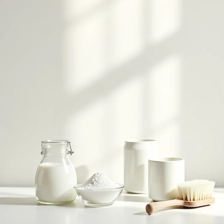 Bicarbonato de sódio e vinagre branco dispostos em uma composição minimalista.